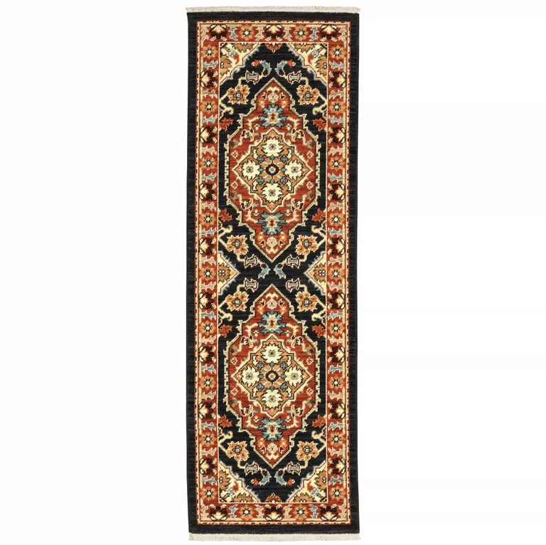 Black Orange And Beige Oriental Power Loom Stain Resistant Runner Rug With Fringe Photo 3