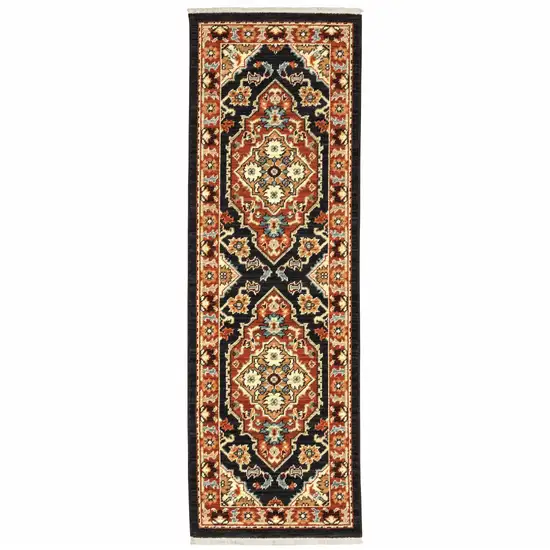 2' X 6' Black Orange And Beige Oriental Power Loom Stain Resistant Runner Rug With Fringe Photo 2
