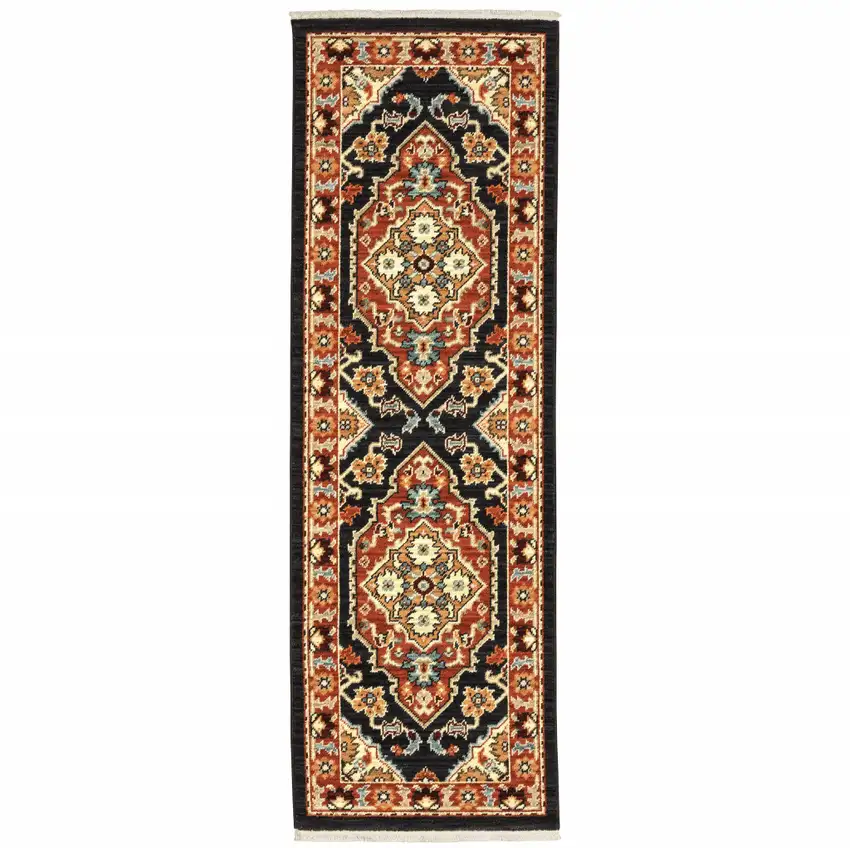 2' X 6' Black Orange And Beige Oriental Power Loom Stain Resistant Runner Rug With Fringe Photo 2