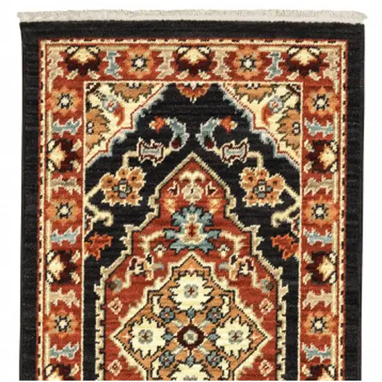 2' X 6' Black Orange And Beige Oriental Power Loom Stain Resistant Runner Rug With Fringe Photo 7