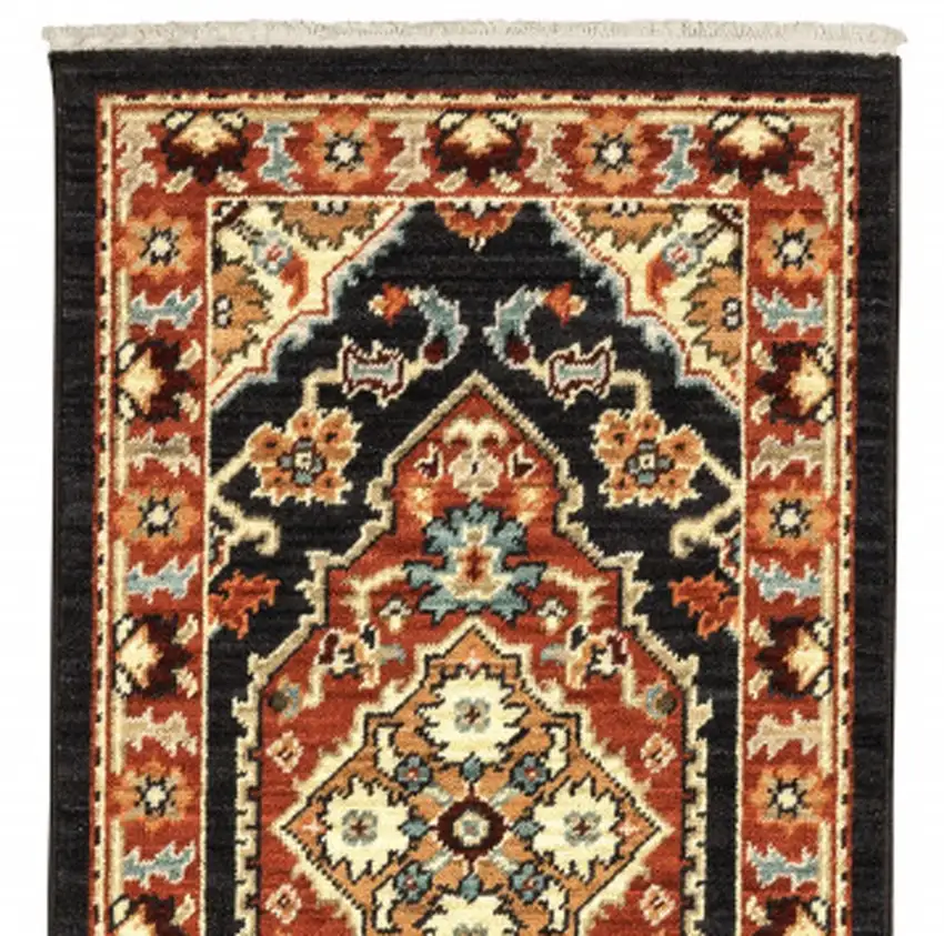 2' X 6' Black Orange And Beige Oriental Power Loom Stain Resistant Runner Rug With Fringe Photo 7