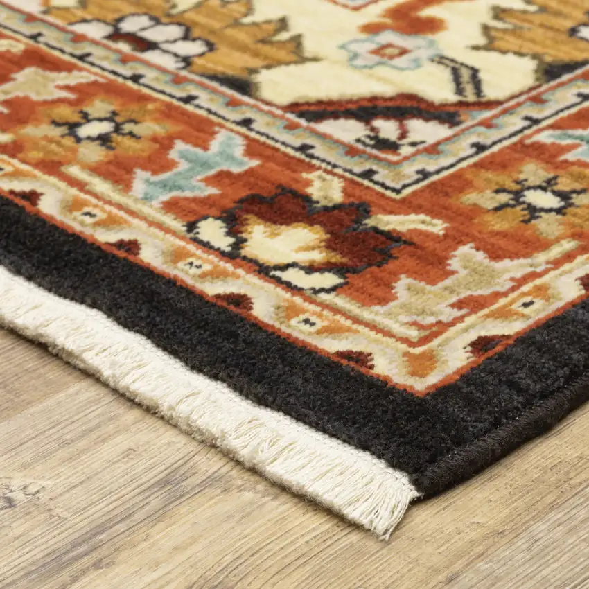 2' X 6' Black Orange And Beige Oriental Power Loom Stain Resistant Runner Rug With Fringe Photo 8