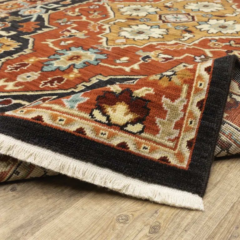 Black Orange And Beige Oriental Power Loom Stain Resistant Runner Rug With Fringe Photo 1