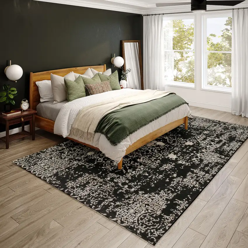 Black Oriental Area Rug With Fringe Photo 1