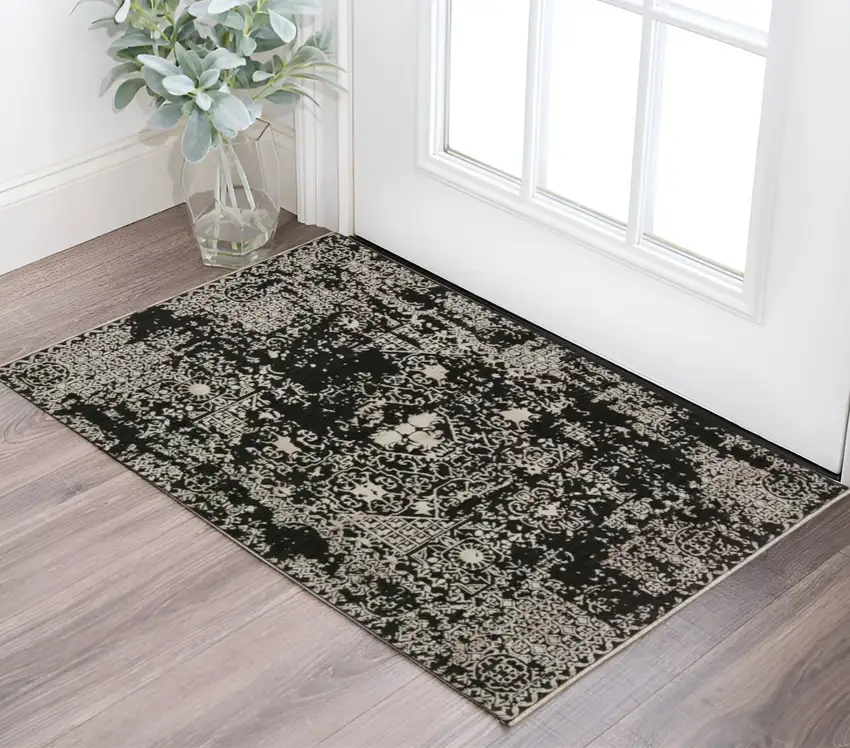 Black Oriental Area Rug With Fringe Photo 1
