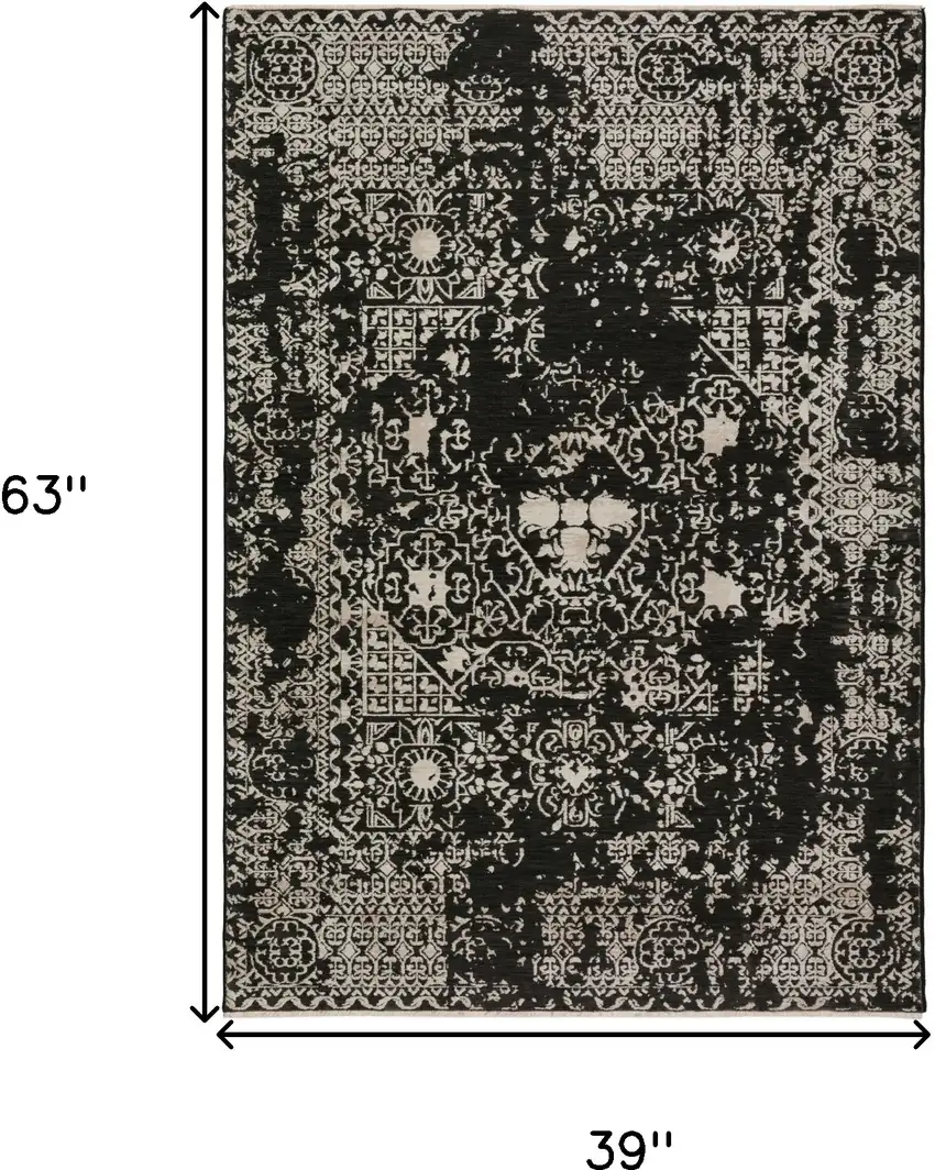 Black Oriental Area Rug With Fringe Photo 6