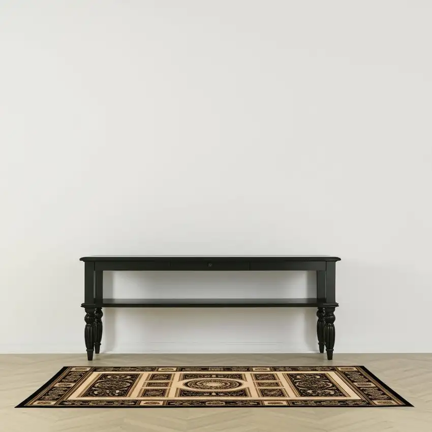 Beige and Black Oriental Power Loom Area Rug Photo 1