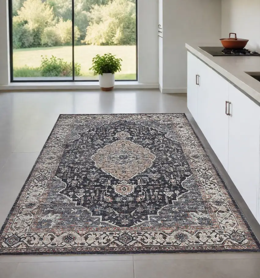 Black Oriental Power Loom Stain Resistant Area Rug Photo 1