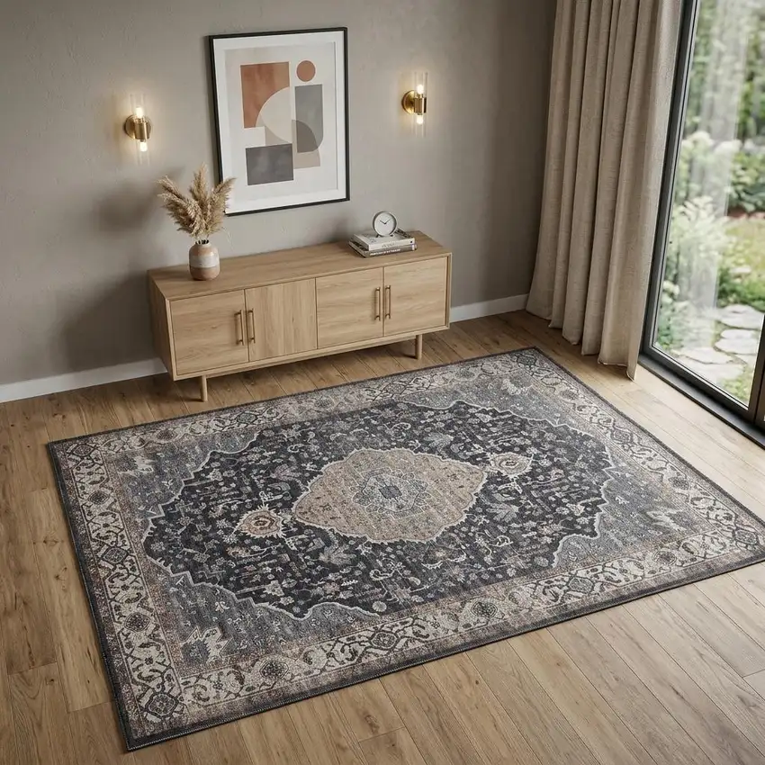 Black Oriental Power Loom Stain Resistant Area Rug Photo 1