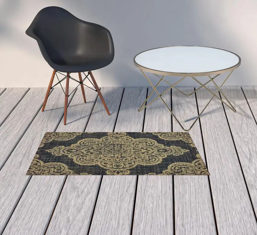 Black Oriental Stain Resistant Indoor Outdoor Area Rug Photo 2