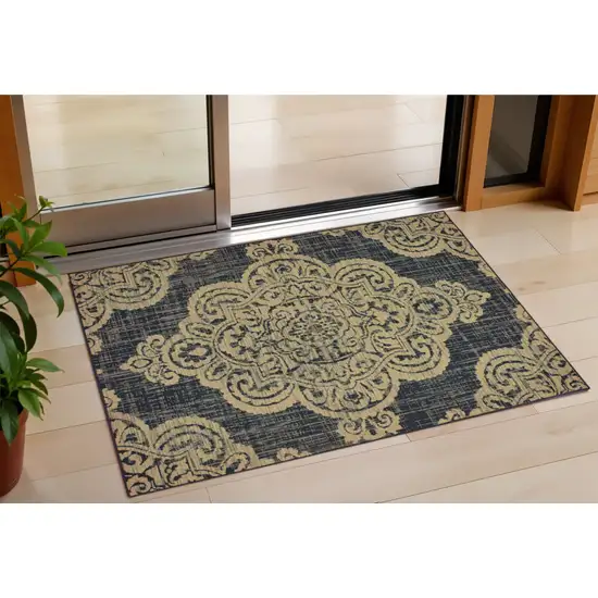 Black and Tan Oriental Stain Resistant Indoor Outdoor Area Rug Photo 1