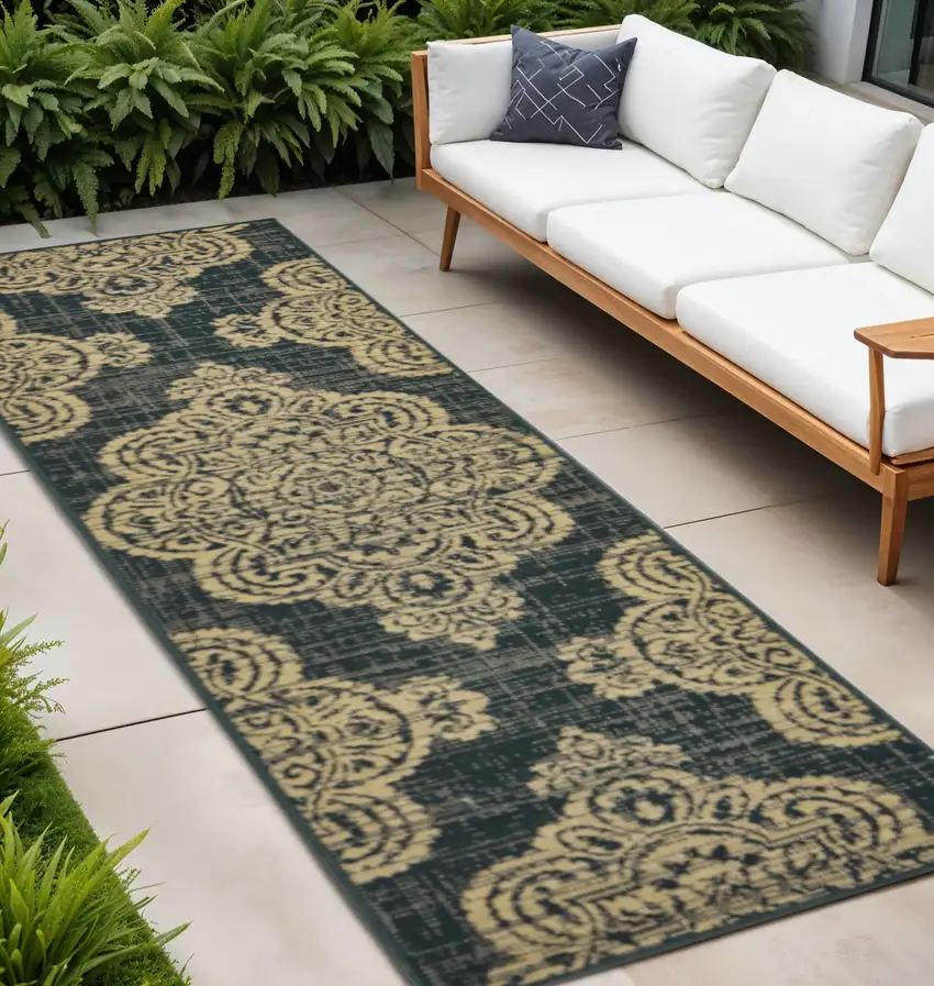 Black and Tan Oriental Stain Resistant Indoor Outdoor Area Rug Photo 1