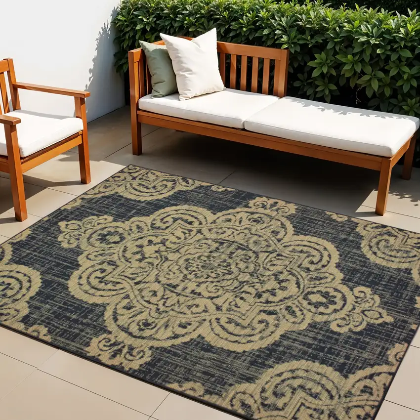 Black and Tan Oriental Stain Resistant Indoor Outdoor Area Rug Photo 1