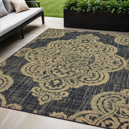 Black and Tan Oriental Stain Resistant Indoor Outdoor Area Rug Photo 1