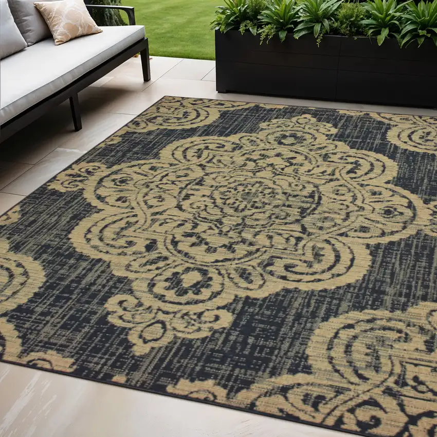 Black and Tan Oriental Stain Resistant Indoor Outdoor Area Rug Photo 1