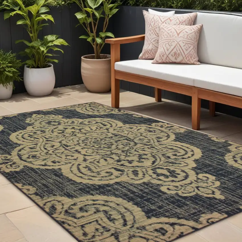 Black and Tan Oriental Stain Resistant Indoor Outdoor Area Rug Photo 1