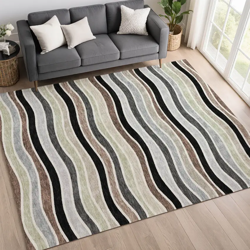 Black Pewter And Ivory Striped Washable Indoor Outdoor Area Rug Photo 9