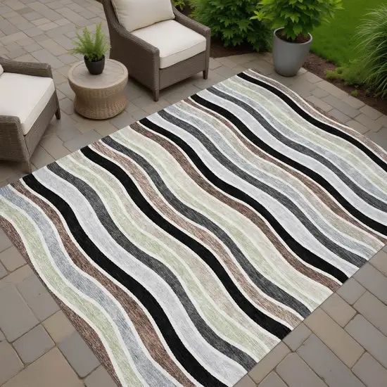 Black Pewter And Ivory Striped Washable Indoor Outdoor Area Rug Photo 7