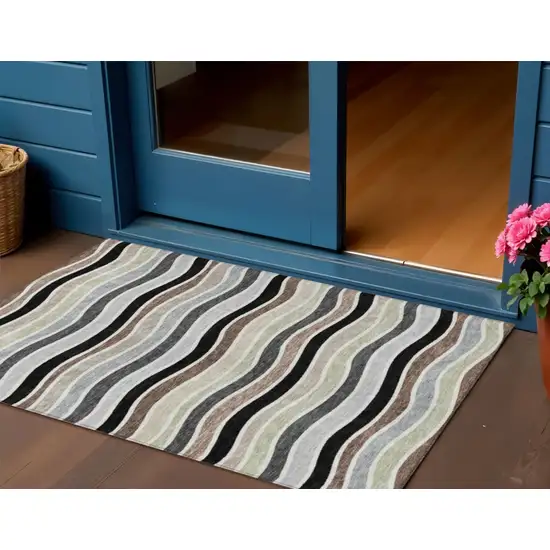 Black Pewter And Ivory Striped Washable Indoor Outdoor Area Rug Photo 1