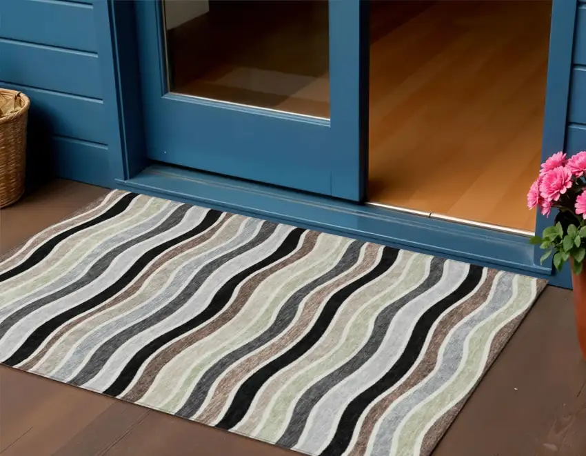 Black Pewter And Ivory Striped Washable Indoor Outdoor Area Rug Photo 1