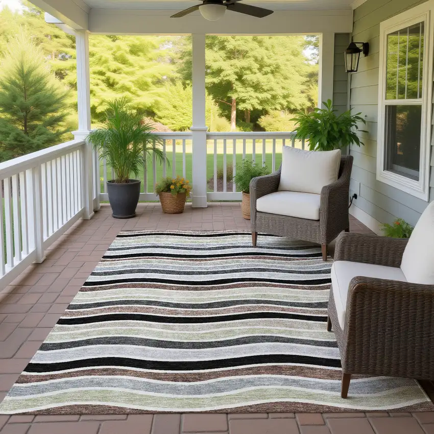 Black Pewter And Ivory Striped Washable Indoor Outdoor Area Rug Photo 9