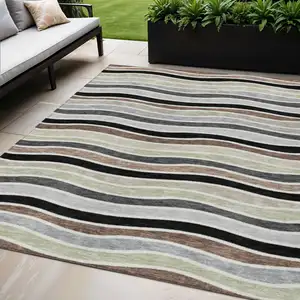 Photo of Black Pewter And Ivory Striped Washable Indoor Outdoor Area Rug