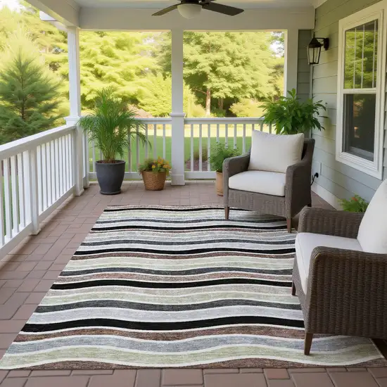 Black Pewter And Ivory Striped Washable Indoor Outdoor Area Rug Photo 9