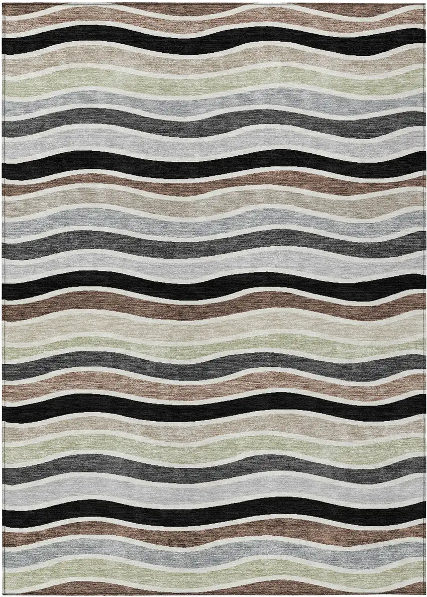 Black Pewter And Ivory Striped Washable Indoor Outdoor Area Rug Photo 2