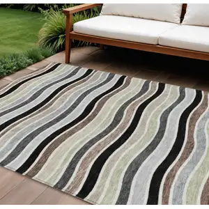 Photo of Black Pewter And Ivory Striped Washable Indoor Outdoor Area Rug