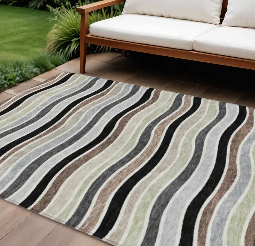 Black Pewter And Ivory Striped Washable Indoor Outdoor Area Rug Photo 1