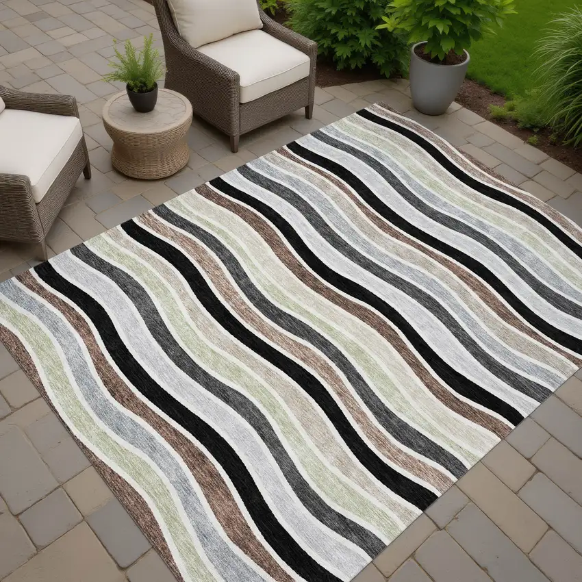 Black Pewter And Ivory Striped Washable Indoor Outdoor Area Rug Photo 7