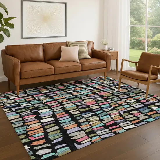 Black Pink And Green Striped Washable Indoor Outdoor Area Rug Photo 4