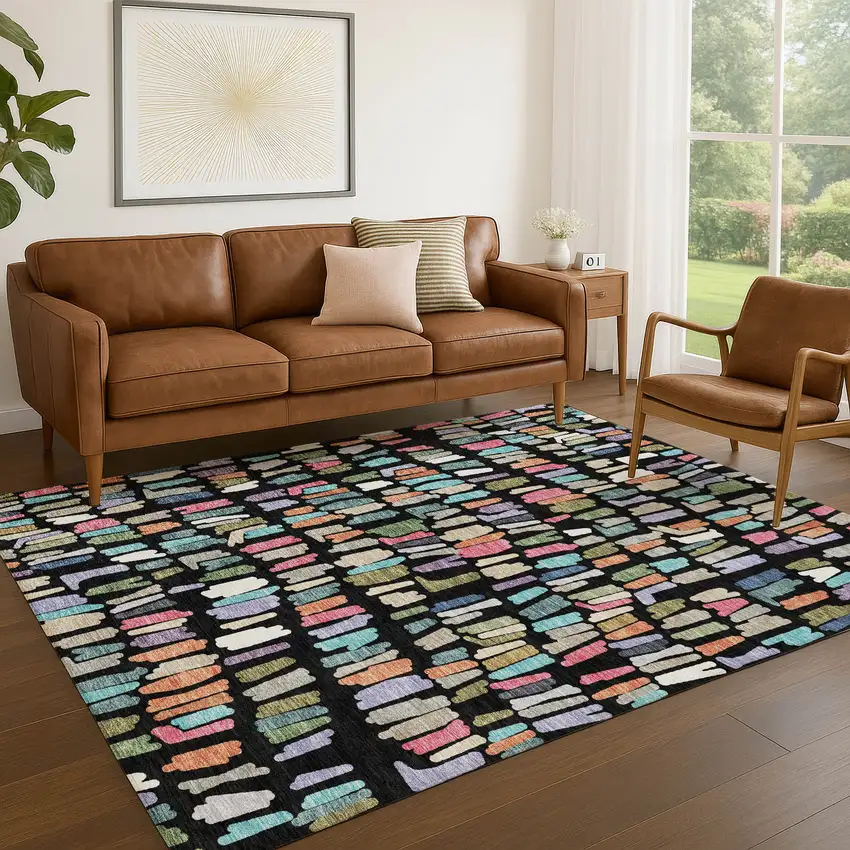Black Pink And Green Striped Washable Indoor Outdoor Area Rug Photo 4