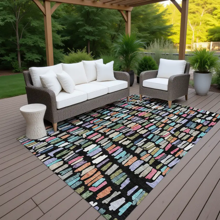 Black Pink And Green Striped Washable Indoor Outdoor Area Rug Photo 6