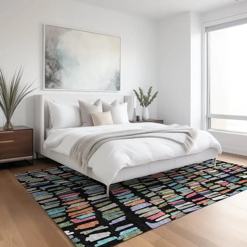 Black Pink And Green Striped Washable Indoor Outdoor Area Rug Photo 5