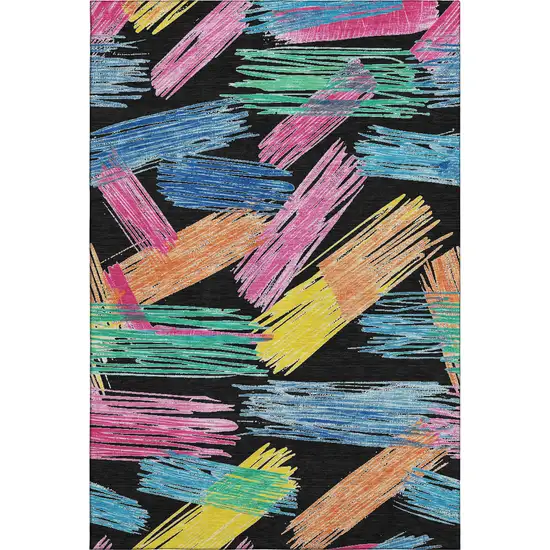 Black Pink And Yellow Striped Washable Area Rug With UV Protection Photo 3