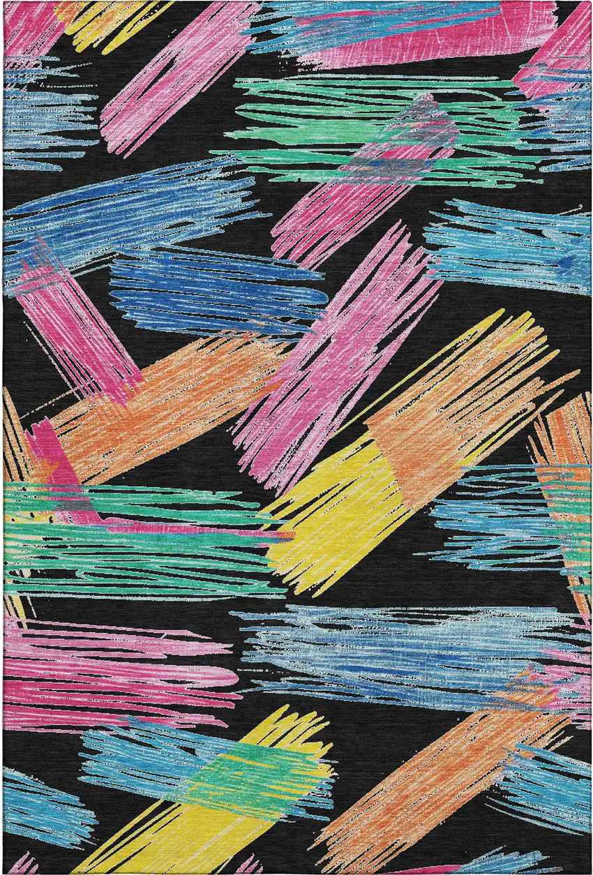 Black Pink And Yellow Striped Washable Area Rug With UV Protection Photo 3