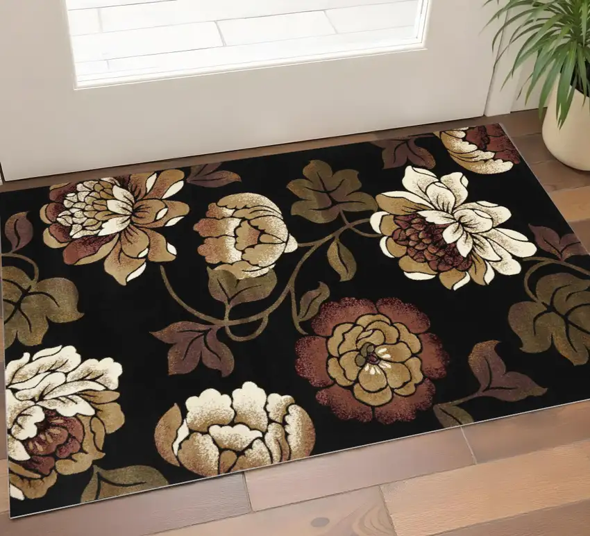 Black Tan And Ivory Floral Area Rug Photo 1