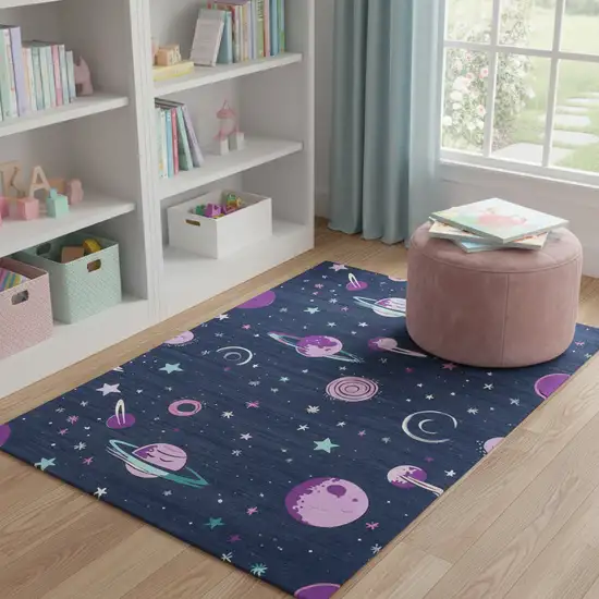 Black Purple And Blue Stars and Moon Youthful Washable Area Rug Photo 1