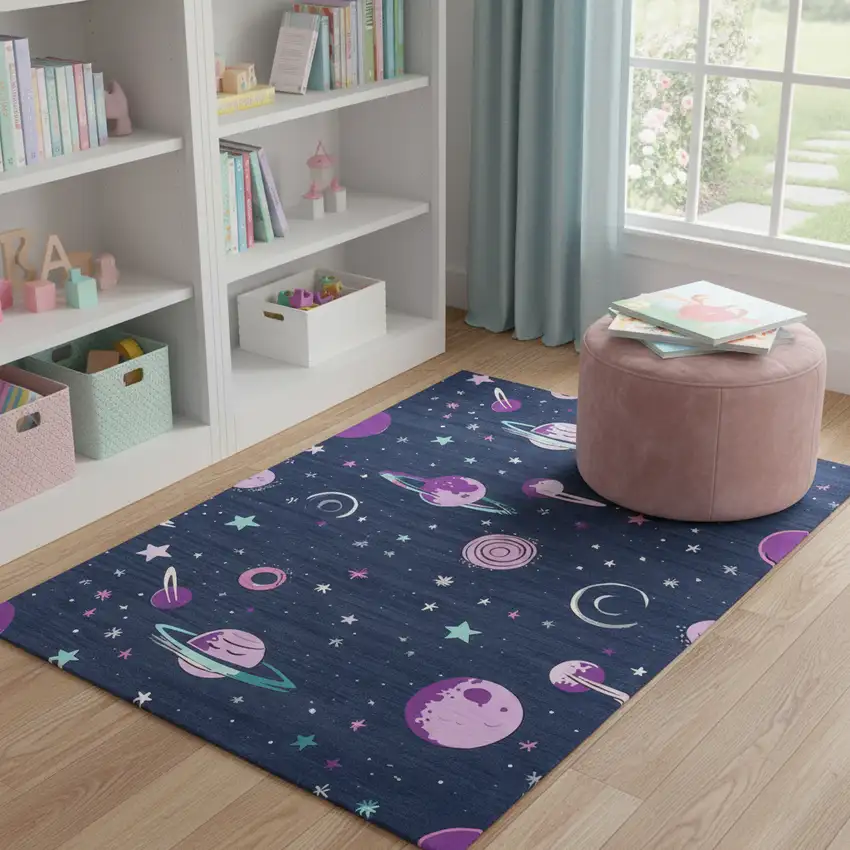 Black Purple And Blue Stars and Moon Youthful Washable Area Rug Photo 1