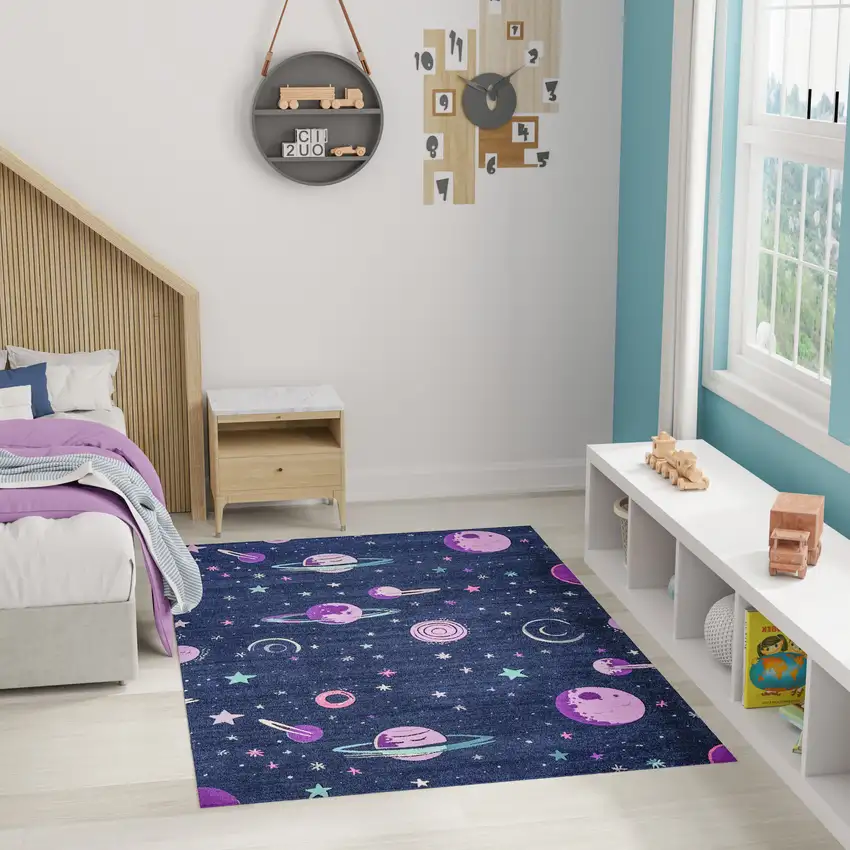 Black Purple And Blue Stars and Moon Youthful Washable Area Rug Photo 6