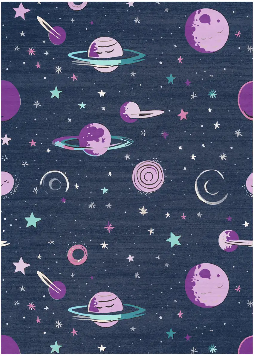 Black Purple And Blue Stars and Moon Youthful Washable Area Rug Photo 4
