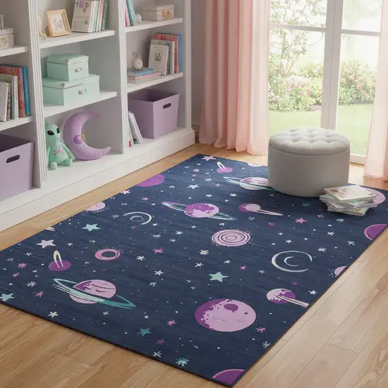 Black Purple And Blue Stars and Moon Youthful Washable Area Rug Photo 1
