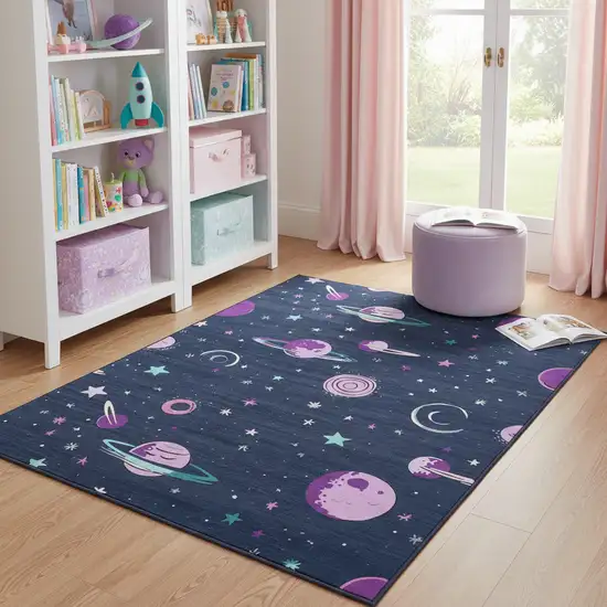 Black Purple And Blue Stars and Moon Youthful Washable Area Rug Photo 1
