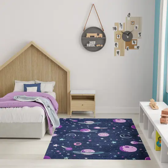 Black Purple And Blue Stars and Moon Youthful Washable Area Rug Photo 7