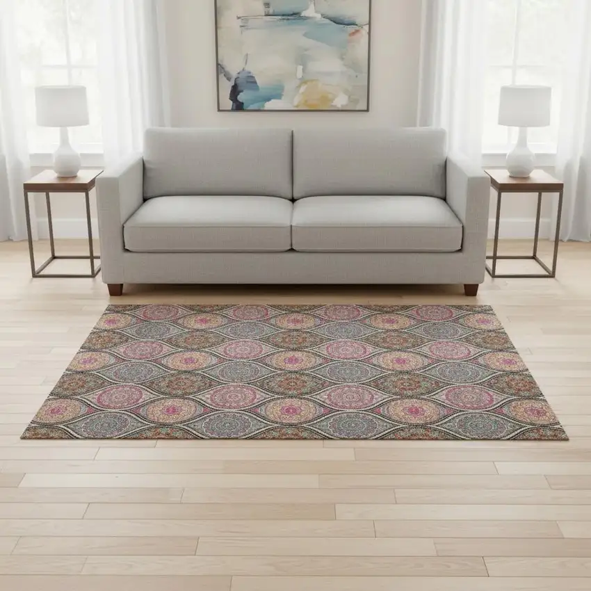 Black Purple And Pink Ogee Washable Area Rug With UV Protection Photo 2