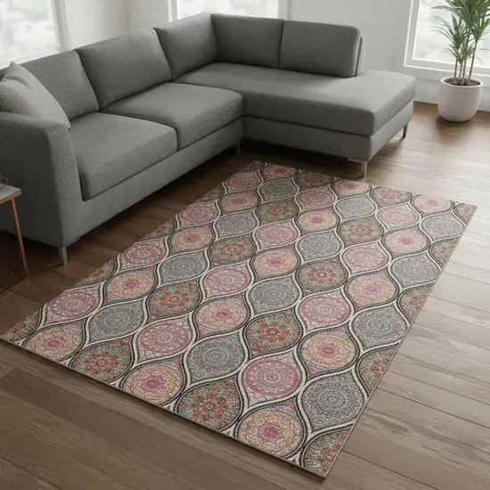 Black Purple And Pink Ogee Washable Area Rug With UV Protection Photo 2