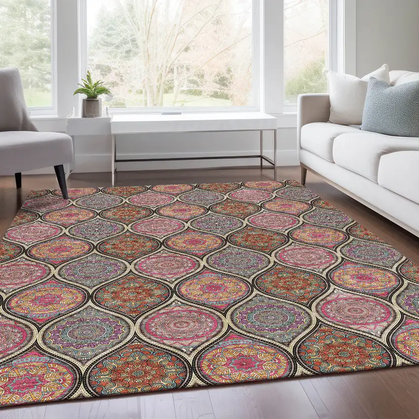 Black Purple And Pink Ogee Washable Area Rug With UV Protection Photo 6