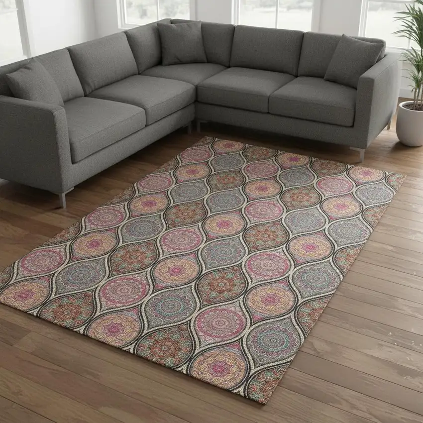 Black Purple And Pink Ogee Washable Area Rug With UV Protection Photo 2