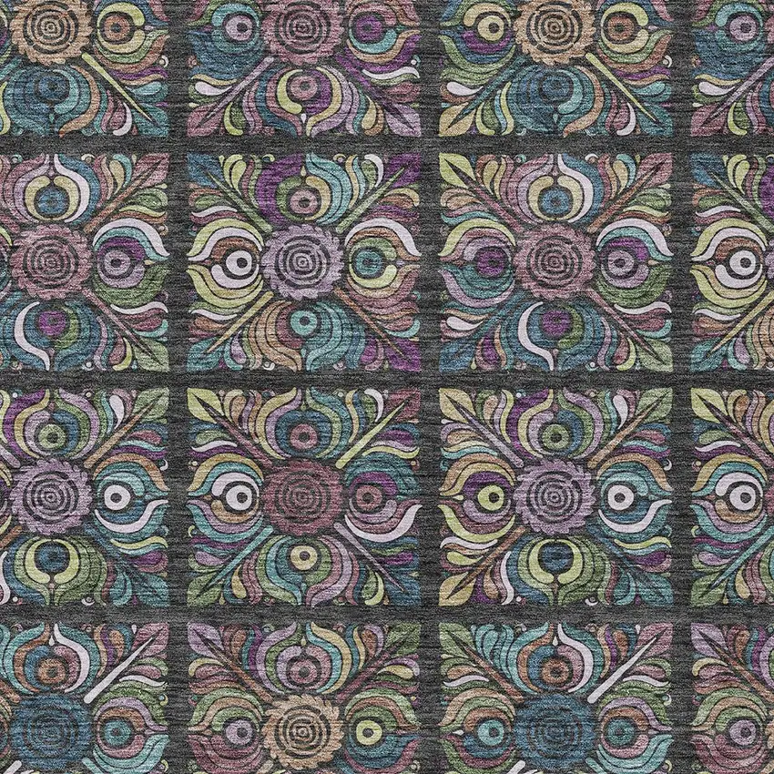 Black Purple And Teal Blue Medallion Washable Indoor Outdoor Area Rug Photo 7